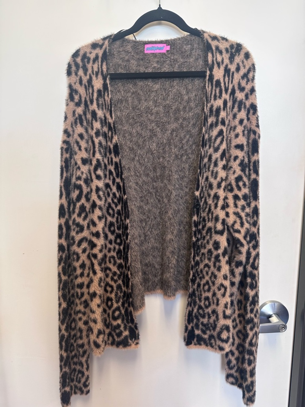 Edikted Fuzzy Leopard Open Cardigan - Beige and Black